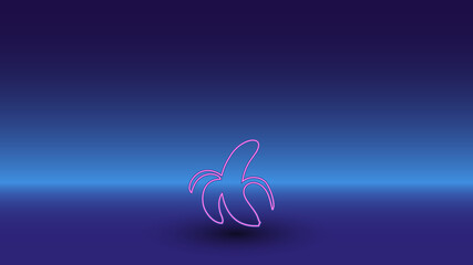 Neon peeled banana symbol on a gradient blue background. The isolated symbol is located in the bottom center. Gradient blue with light blue skyline