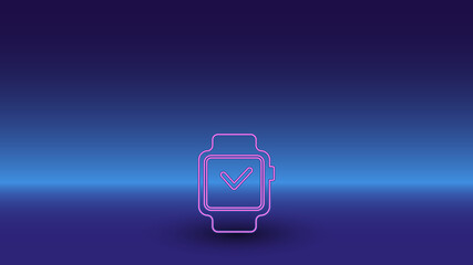 Neon smart watch symbol on a gradient blue background. The isolated symbol is located in the bottom center. Gradient blue with light blue skyline