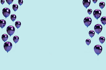 On both sides of a light blue background, purple balloons. Place for text. 3d rendering. - 394742556
