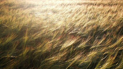 Rye field in evening sun rays. Agricultural landscape in backlit sunlight.