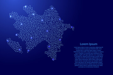 Azerbaijan map from blue pattern of the maze grid and glowing space stars grid. Vector illustration.