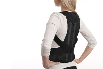 Posture correction. Scoliosis, Kyphosis treatment. Woman wearing posture posture corrector belt