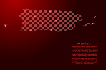 Puerto Rico map from red pattern slanted parallel lines and glowing space stars grid. Vector illustration.