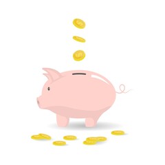 Pig piggy bank with coins icon. Template design of investment, open a bank deposit, keeping or saving money. Business and money concept.