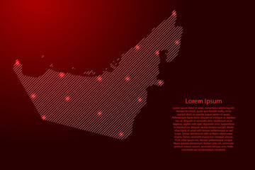 United Arab Emirates map from red pattern slanted parallel lines and glowing space stars grid. Vector illustration.