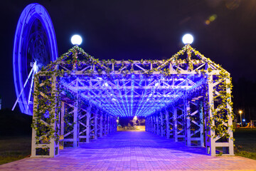 Night illumination in the park. Arch in blue garlands and plants