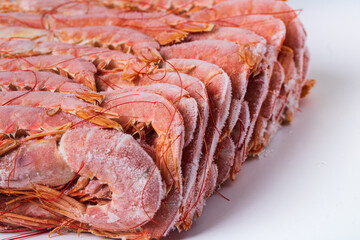 Fresh, red, large frozen Argentine langoustines, seafood, close-up