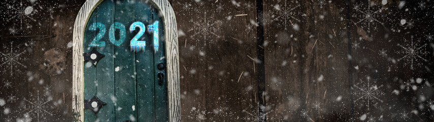 Happy new year 2021 card design. Entrance to the new year. Merry christmas and happy new year 2021. Holiday glowing illustration.  Small wooden door in a wooden house. Magic door in a tree.