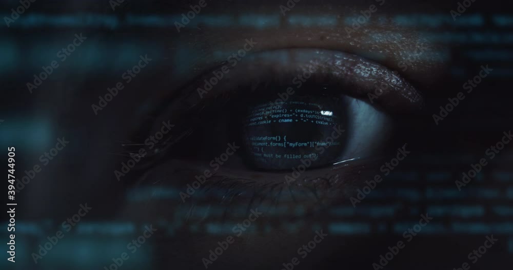 Wall mural cinematic macro of young programer's blu eye with latest innovative sophisticated technology display