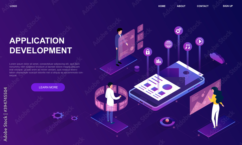 Poster website mockup of application development. abstract concept of building strategy of efficient mobile