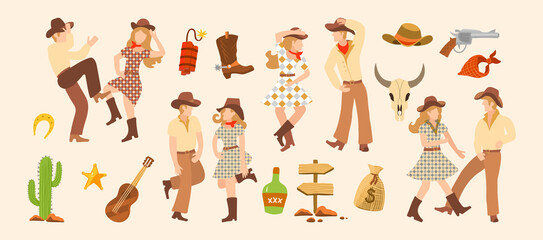 Vector illustration set of m cowboy and cowgirls dancing. Western clip art for creating a cover design for a country music album. People dance and have fun