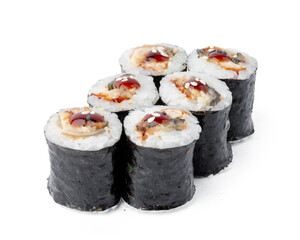 Maki sushi roll with eel isolated on white