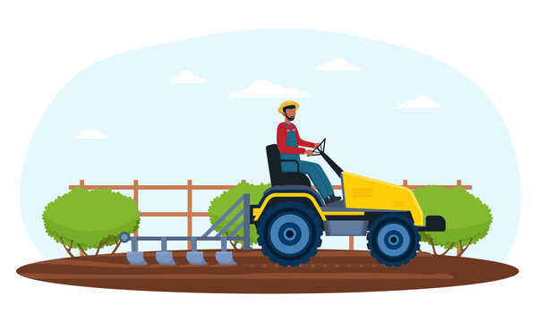 recommend clip art: Farmer driving tractor and ploughing. Concept of ploughing field using heavy agricultural machinery round. Flat vector ilustration