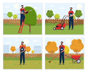 Gardener working at the backyard. Concept of a male handyman character mowing grass, trimming trees and lawn. Garden maintenance. Set of cartoon flat vector illustrations