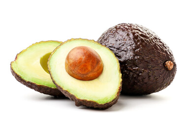 Avocado hass whole and half on a white background. Isolated