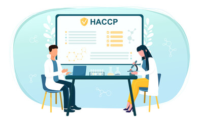 Fototapeta na wymiar Hazard Analysis and Critical Control Point. Concept of certification, quality and control management. Male and female characters sitting and analyzing. Flat cartoon vector illustration