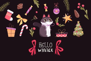 Fototapeta premium Christmas or New Year Card With Cute Christmas Characters And Objects.