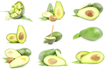 Set of green avocados isolated on white