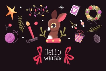 Christmas or New Year Card With Cute Christmas Characters And Objects.