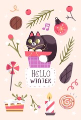 Christmas or New Year Card With Cute Christmas Characters And Objects.