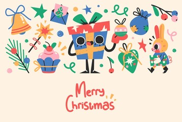 Fototapeta premium Christmas or New Year Card With Cute Christmas Characters And Objects.