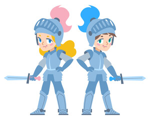 Kids knights (girl and boy) in armor with swords