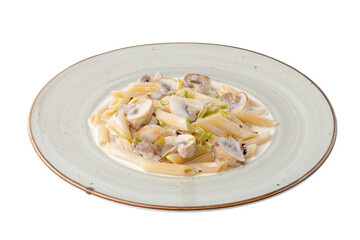 Penne pasta with mushrooms isolated on white