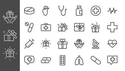 A simple set of medicine ICONS, contains medicine icons, pills, related vector line icons. thin lines, pain, syringe, lungs, microscope, cardiogram, virus and much more. Editable stroke.