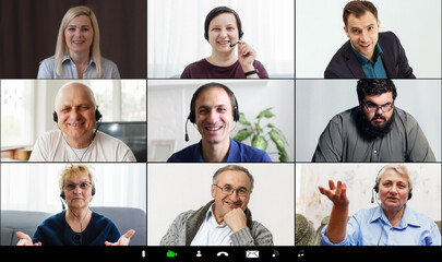 Webcam laptop screen view many faces of diverse people involved in group videoconference on-line meeting lead, team using video call app work solve common issues concept