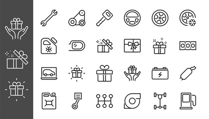 AUTO PARTS Set of Icons related vector line icons. Contains icons such as parts, oil, diagnostics, turbine, steering wheel, key, chassis, gearbox and much more. Editable stroke