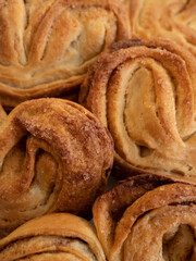 Homemade sweet bun with cinnamon and sugar on white paper background