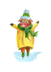 watercolor illustration of a bull kid on skates and in winter clothes. Symbol of the year 2021. Illustration for a postcard.