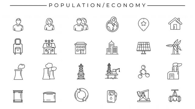 Black-white animated icons on the theme of Population and Economy.