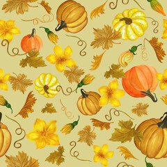 Watercolor seamless pattern of pumpkins, flowers and leaves