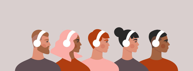 People in headphones. Set of men and women listening to music, podcast, audio. Isolated flat vector illustration with group of young people drawn in trendy style - obrazy, fototapety, plakaty
