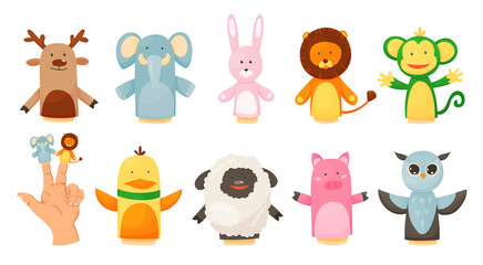 Hands or finger puppets play dolls collection. Cartoon color toys for children theater, kids games. Vector cute and funny animal character, isolated icon on white background