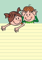 Smiling kids, girl and boy and llined paper, conceptual vector illustration