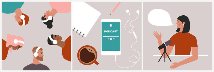 Podcast concept. Set of illustrations about podcasting. People listening to audio in headphones, podcast app on smartphone, podcaster speaking in microphone. Flat vector in trendy style - obrazy, fototapety, plakaty
