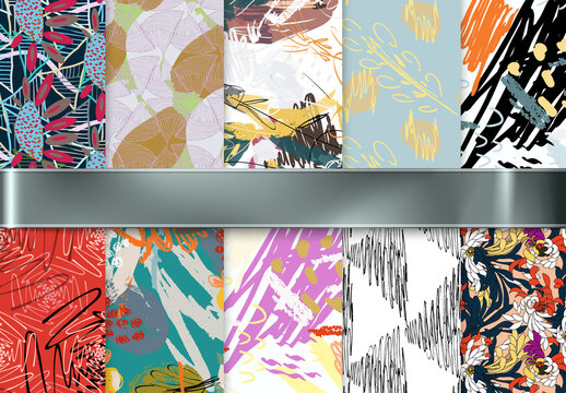 Seamless Pattern Collection with Hand Drawn Rough Abstract Strokes and Floral Elements