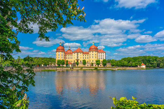 Panoramablick auf das Schloss Moritzburg nahe Dresden in Sachsen, Deutschland