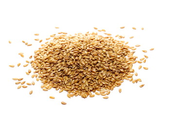 Golden flax seeds, pile linseed isolated on white background