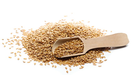 Golden flax seeds, linseed in wooden spoon isolated on white background