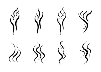 Set of smoke, aroma, smells icons. Symbols, logos cooking steam odour, fume of flame, stink, vapor in minimal style. Signs of glasses of hot drinks. Hand drawn vector illustration.