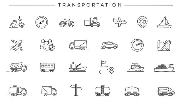 Black-white animated icons on the theme of Transportation.