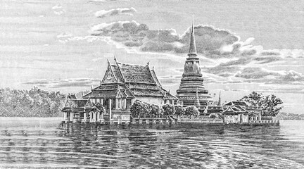 Phra Samut Chedi Temple (among guilloche design), at Pak Khlong Bang Pla Kot, on the banks of the Chao Phraya River, opposite Samut Prakan City Hall. Portrait from Thailand Banknotes. © Prachaya