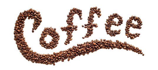 beans lay out in the word Coffee isolated on a white background. Flat lay