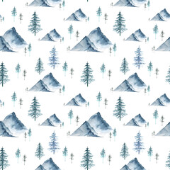seamless pattern with watercolor illustrations of mountains and forest trees christmas trees on a white background, hand painted