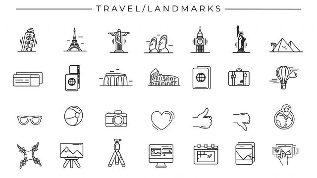 Black-white animated icons on the theme of Travel and Landmarks.