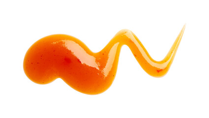 Dripping orange sauce isolated on white background. Abstract pattern made of chilli sauce. Flat lay, top view, close up.