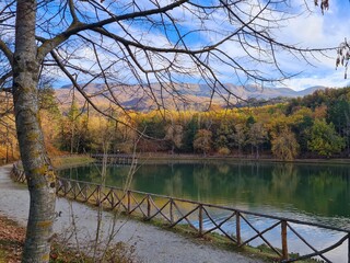Beautiful autumn in the park during sunny day in Lago di Andreuccio,Soanne,Italy